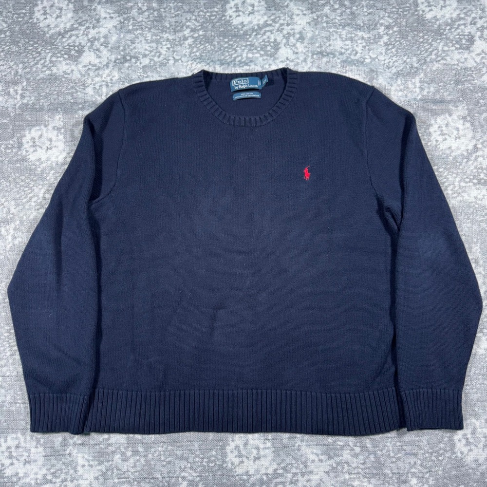 90s Vintage Polo Ralph Lauren Sweater Men XXL Navy Blue Cotton Crewneck PonyLogo